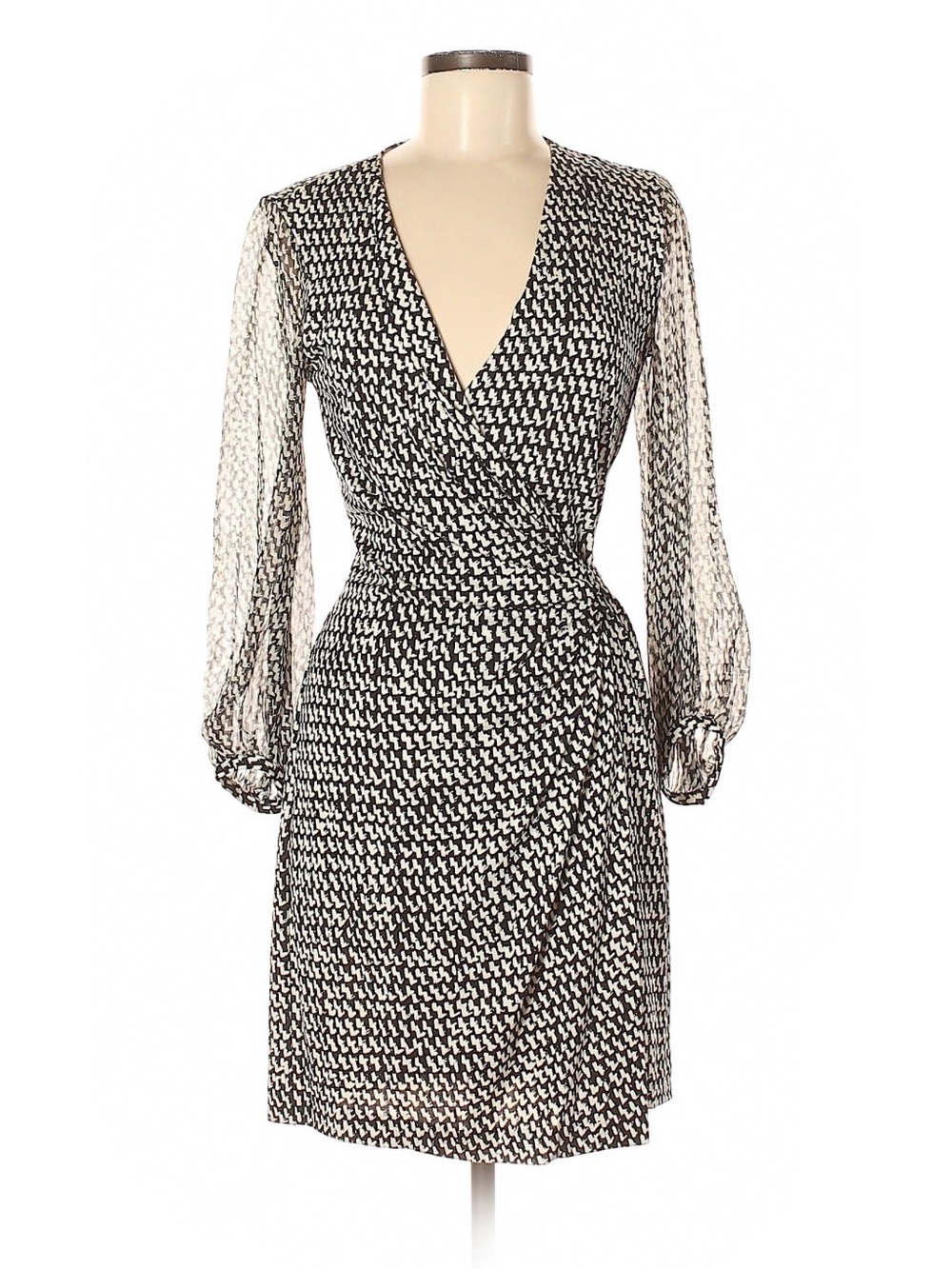 Diane Von Furstenberg Black and White Printed Long-Sleeve Wrap Dress